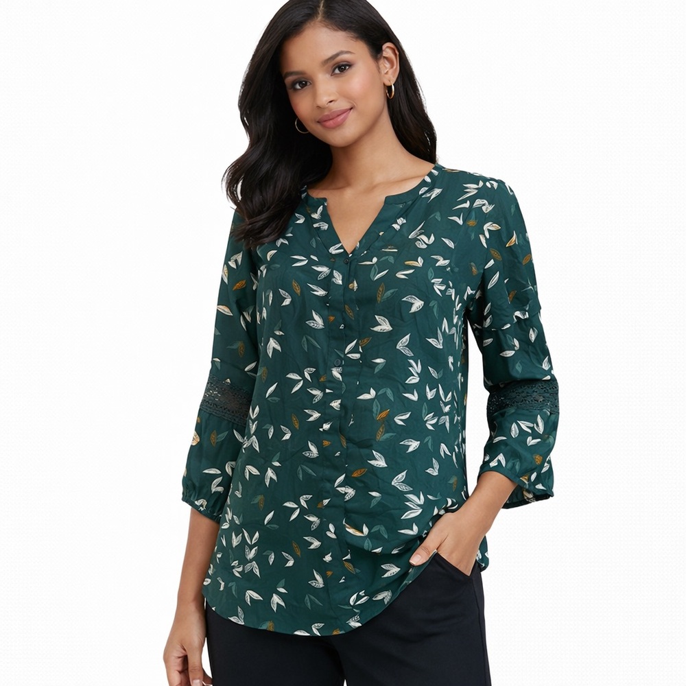 Fortune + Ivy NWT Dark Green Leaf Print 3/4 Sleeve V-Neck Blouse M